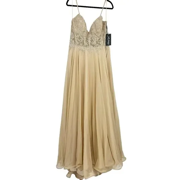 La Femme Nude Floral Appliqué Chiffon Evening Gown Maxi Dress Size 14 NWT